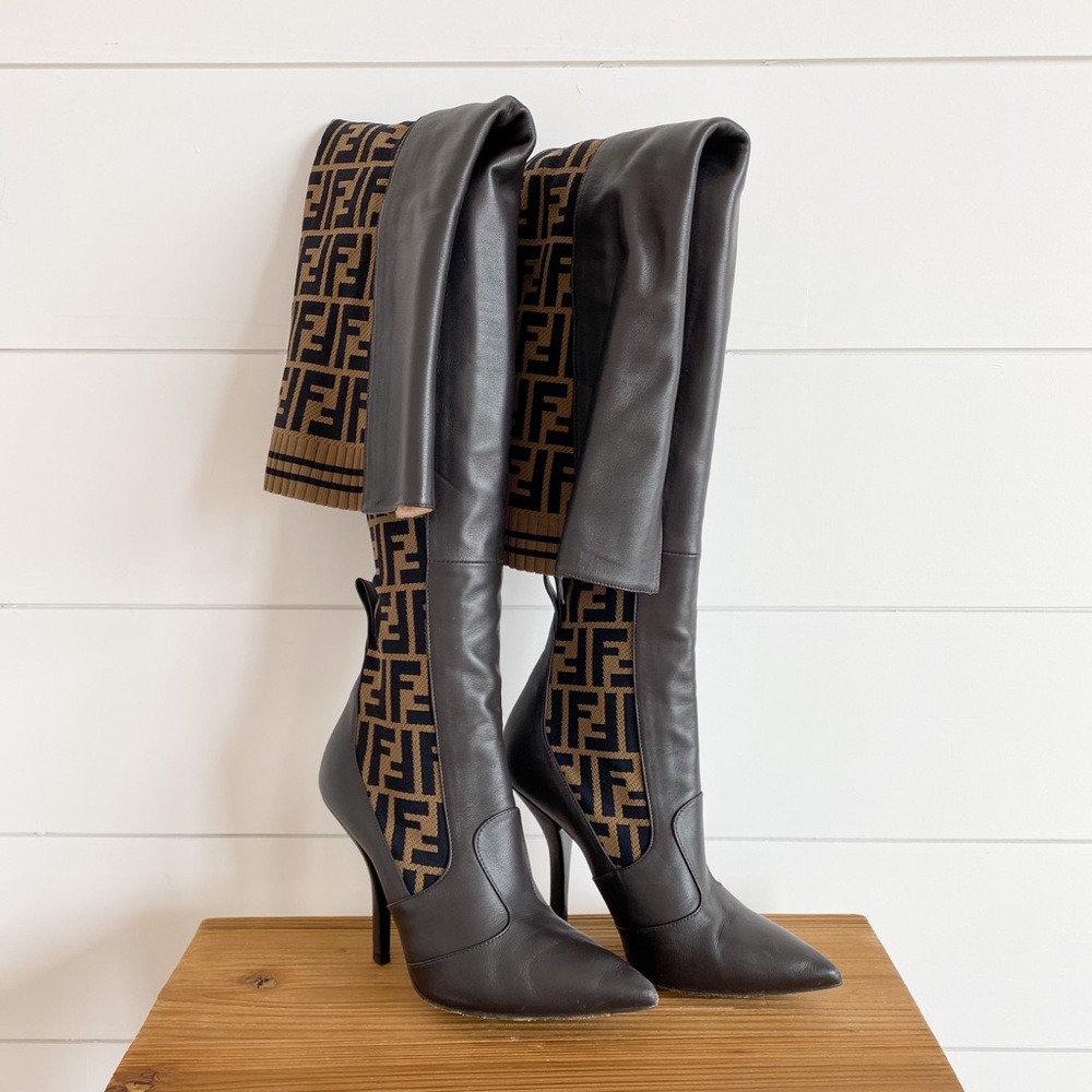 Fendi Brown Rockoko Ff Logo Knit boots
